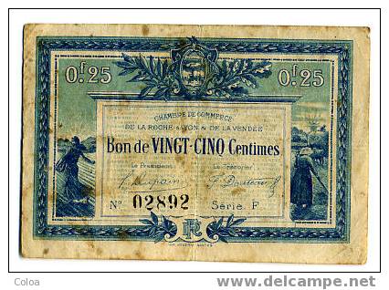 Bon De 25 Centimes Chambre De Commerce La Roche Sur Yon  Et De La Vendée 1916 - Chambre De Commerce