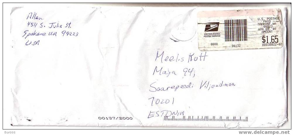 GOOD Postal Cover USA ( Spokane ) - ESTONIA 2007 - Postage Paid 1,65$ - Lettres & Documents