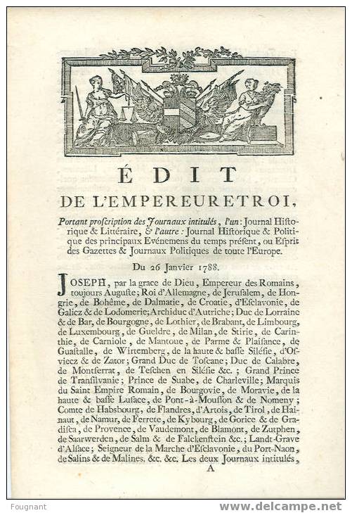 Belgique:Edit De L´Empereur:26/01/1788.Cen Sure De La Presse. - Decrees & Laws