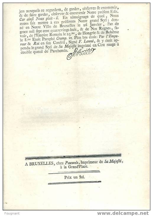 Belgique:Edit De L´Empereur:26/01/1788.Cen Sure De La Presse. - Decrees & Laws