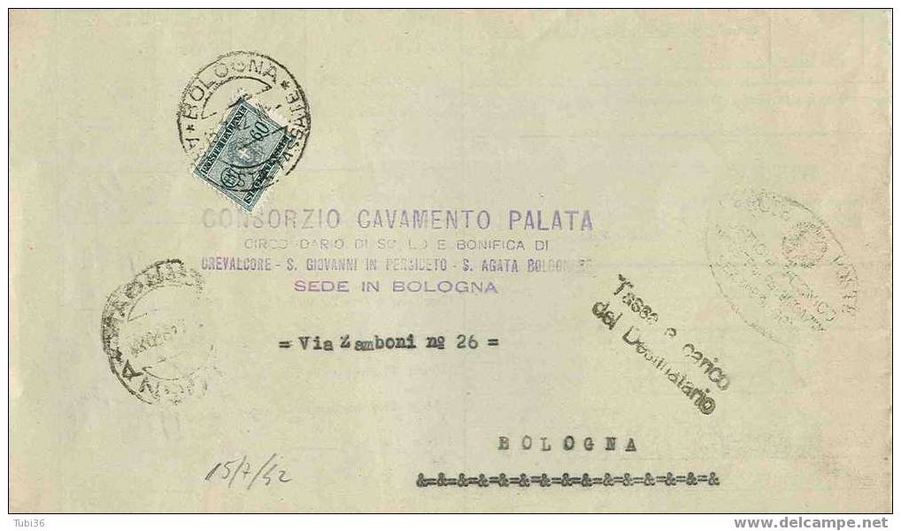 SEGNATASSE CENT.60 - S41-  ISOLATO IN TARIFFA - CONSORZIO CAVAMENTO PALATA - BOLOGNA - Portomarken