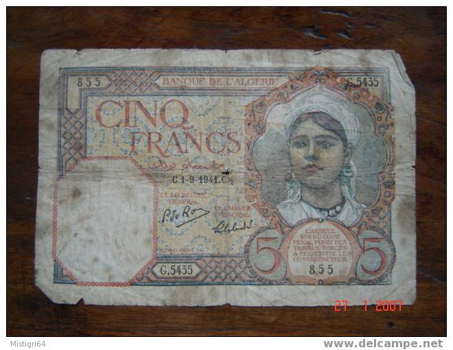 5 FRANCS BANQUE DE L'ALGERIE 1941 - Algerien