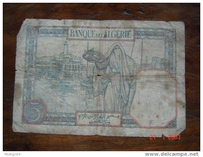 5 FRANCS BANQUE DE L'ALGERIE 1941 - Algérie