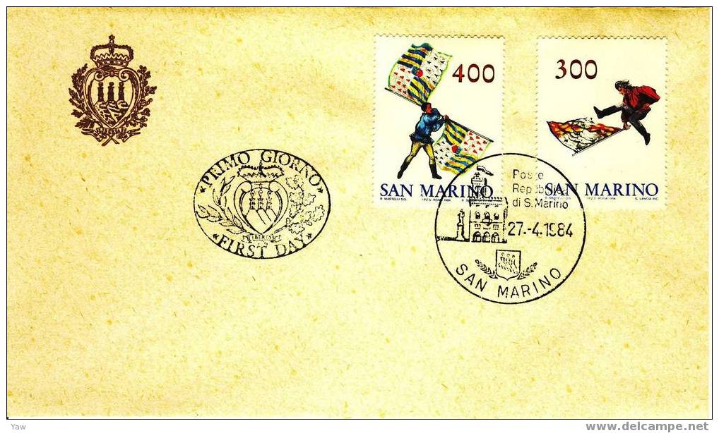 SAN MARINO 1984 FDC  SBANDIERATORI. SERIE COMPLETA. - Omslagen