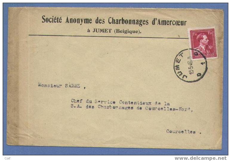 691 Op Brief Met Hoofding "Charbonnages D'Amercoeur" Met Cirkelstempel JUMET - 1936-1957 Open Kraag