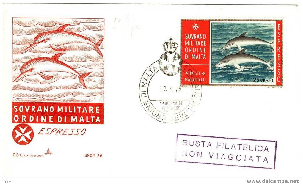 S.M.O. MALTA FDC 1975 DELFINI. ESPRESSO 125 GRANI - Dolphins