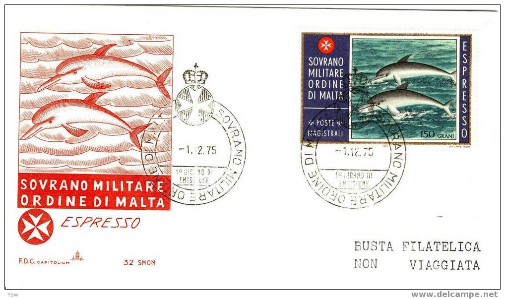 S.M.O. MALTA FDC 1975 DELFINI. ESPRESSO 150 GRANI - Delfines