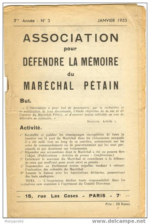 Fascicule De 1953 De L’ASSOCIATION Pour DEFENDRE La MEMOIRE Du MARECHAL PETAIN Et Son Bulletin D’adhésion - Documents Historiques