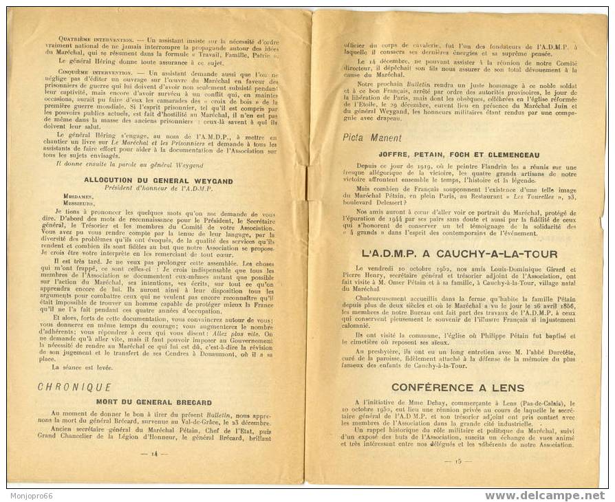 Fascicule De 1953 De L’ASSOCIATION Pour DEFENDRE La MEMOIRE Du MARECHAL PETAIN Et Son Bulletin D’adhésion - Documents Historiques