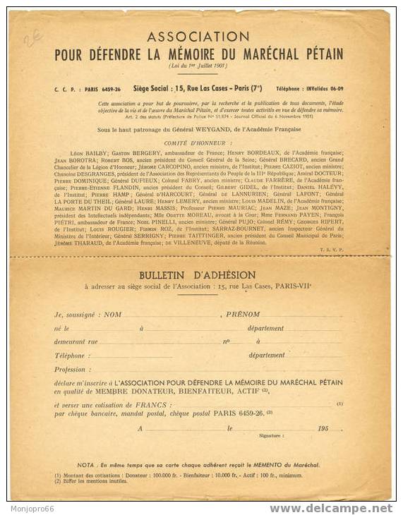 Fascicule De 1953 De L’ASSOCIATION Pour DEFENDRE La MEMOIRE Du MARECHAL PETAIN Et Son Bulletin D’adhésion - Documents Historiques