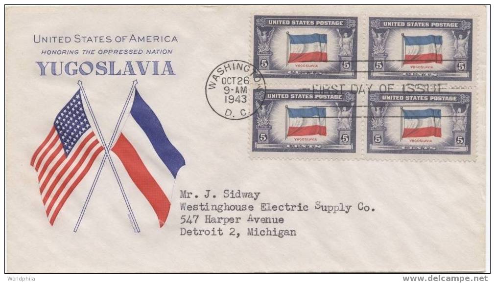 USA, Jugoslavia Flag Block Of 4 On A Special Cacheted Cover 1943 - Buste