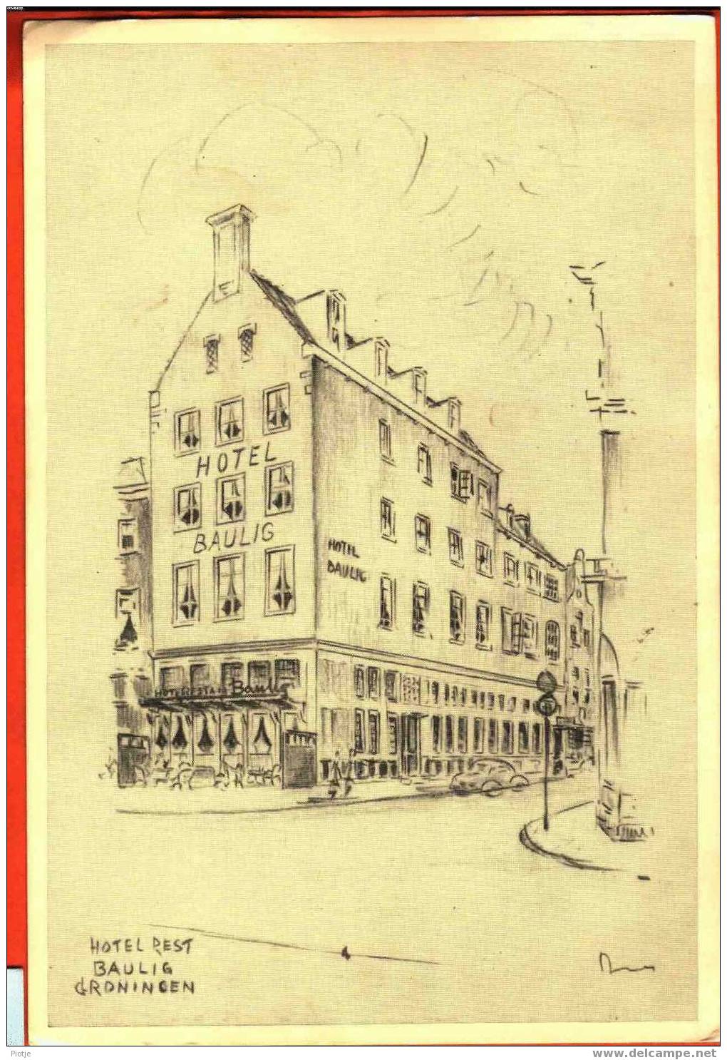 * Groningen * Hotel Restaurant Baulig, Volkswagen Kever, Café, Terras, Pentekening,  Dessinée, Terrasse, Voiture - Groningen