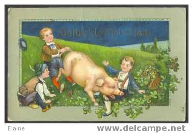 Three Boys With Pig - Embossed - New Year - Maiali