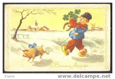 Dutch Boy With Pig 'Bonne Annee' - Snow Scene - Pigs