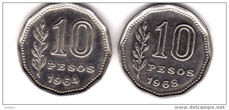 2  Piéces De 10 Pesos De 1964-1968 Argentine - Argentine