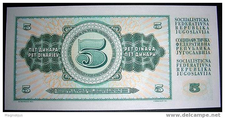 Yugoslavia,Bancnote,5 Dinars,1968.,Paper,Money - Yougoslavie