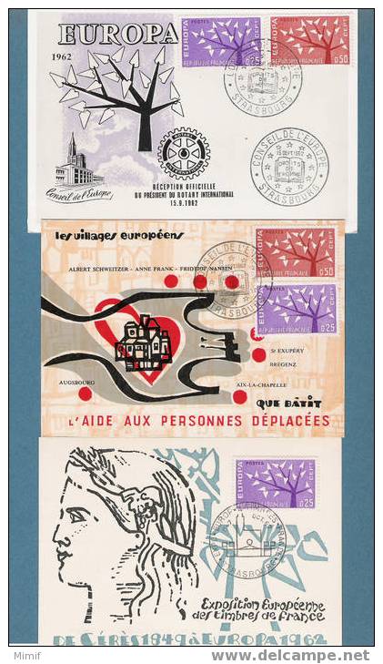 FRANCE -  3  Doc.  Avec Timbres  Europa  1962 (YT 1358, 1359) + Cachets Spéciaux - 1962