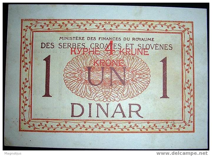 Royalty Of Serbs,Croats And Slovenes,SHS,Banknote,1 Dinar,4 Krone,Overprint,1919.,Paper,money - Yugoslavia
