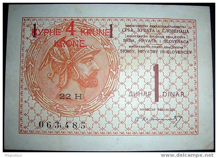 Royalty Of Serbs,Croats And Slovenes,SHS,Banknote,1 Dinar,4 Krone,Overprint,1919.,Paper,money - Yugoslavia