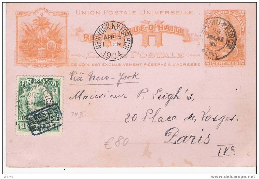 Ha026/  HAITI  - 1904 – Ganzsache Mit Zusatz Nach Paris Via NY (Brief, Cover, Lettre) - Haiti