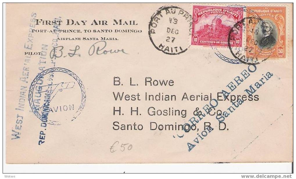 Ha035 /  HAITI - 1927 – Erstflug Inselroute – Pilot B.L.Rowe, Nach Santo Domingo - Haiti