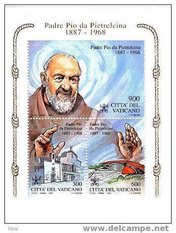 VATICANO 1999  BF  PADRE PIO DA PIETRELCINA 1887-1968 - Blocs & Feuillets