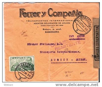 Ep179 /Spanien, Firmrnbrief  Barcelona- 1944 In Die Schweiz, Rücksendung (Devuelva A Remitente, Sin Comunication Postal) - Briefe U. Dokumente