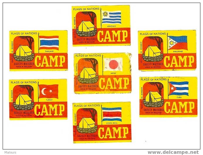 7 Matchlabels, Lucifermerkjes. Camp. Tent, Tente. Vlag, Flag, Drapeau. One Label In Bad Shape - Luciferdozen - Etiketten