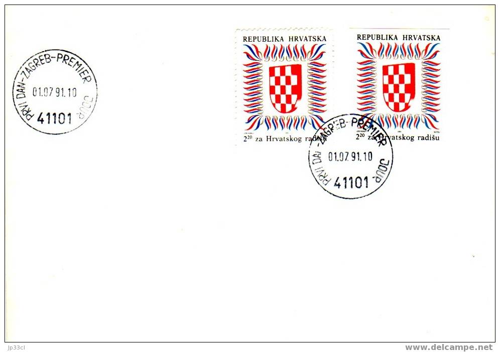 FDC Timbres De Bienfaisance De 1991 (Armoiries), Zagreb, 1/7/1991 - Dentélé Et Non Dentelé - Croatie