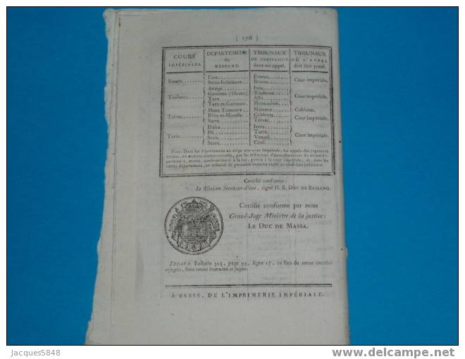 BULETIN  Des Lois N° 309 - Tribunaux 1er Instance Et De Police - Décret Impérial N°5876 - Du 18 Aout 1810 - 10 Pages - Décrets & Lois