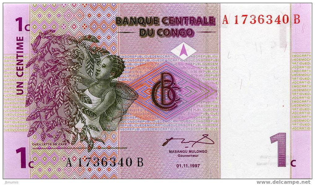 République Démocratique Du Congo 1 Centime 1 11 1997 UNC P80a - Zonder Classificatie