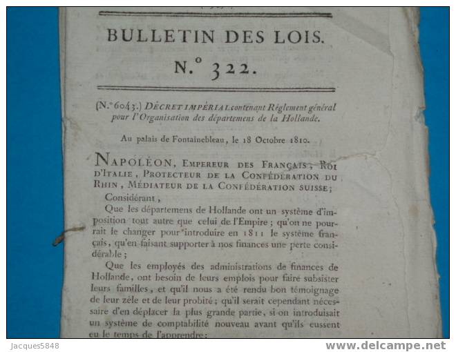 BULETIN Des Lois N° 322 - Réglement Générale Pour L´organisation Des Déplacement De La Hollande - Décrets & Lois