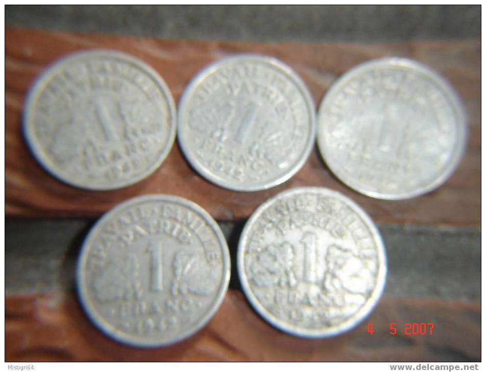 LOT DE 5 PIECES DE 1 FRANCS TYPE BAZOR 1942 - ALUMINIUM - 1 Franc