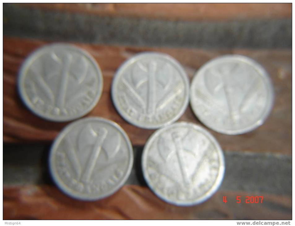 LOT DE 5 PIECES DE 1 FRANCS TYPE BAZOR 1942 - ALUMINIUM - 1 Franc