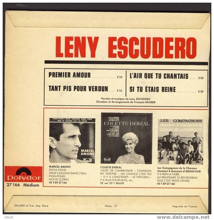 LENY ESCUDERO (4 Titres) :  Premier Amour, Tant Pis Pour Verdun, L'air Que Tu Chantais, Si Tu étais Reine(Polydor 27166) - Autres - Musique Allemande