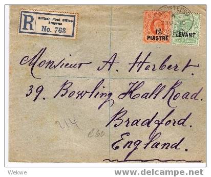 BD012 / BPO Smyrna Nach Bradford – Einschreiben 1910 - Levant Britannique