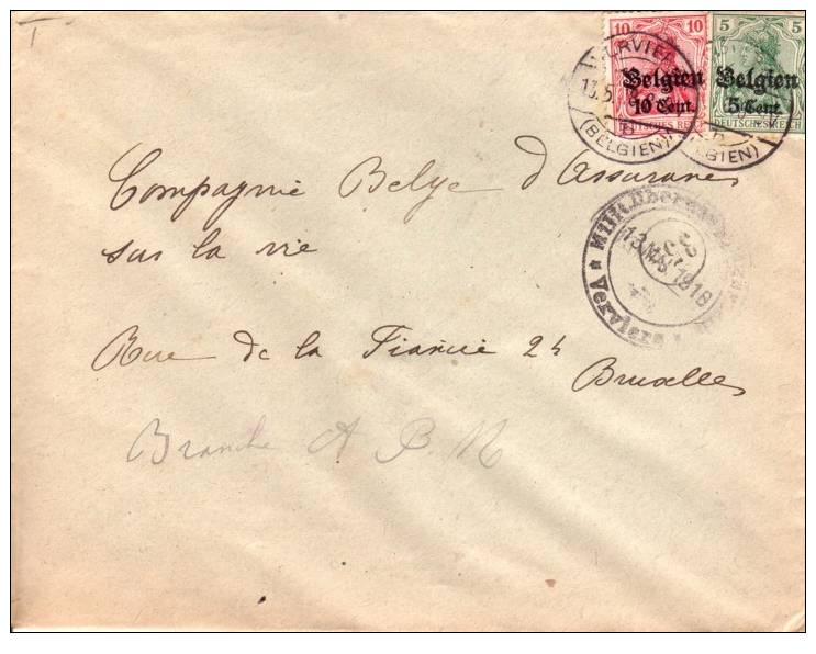 BELGIUM OCCUPATION USED COVER 1917 CANCELED BAR VERVIERS - OC1/25 Gouvernement Général