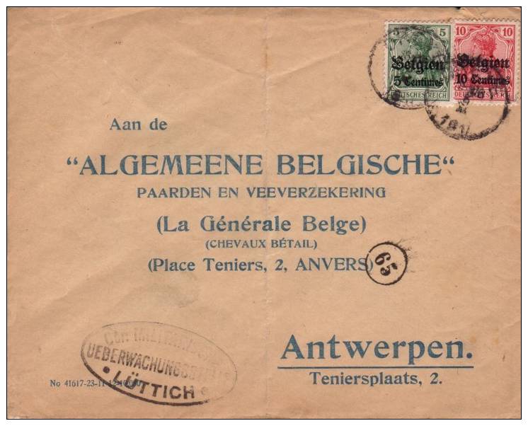 BELGIUM OCCUPATION USED COVER 1917 CANCELED BAR ??? - OC1/25 Gouvernement Général