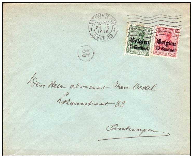 BELGIUM OCCUPATION USED COVER 1916 CANCELED BAR ANTWERPEN - OC1/25 General Government