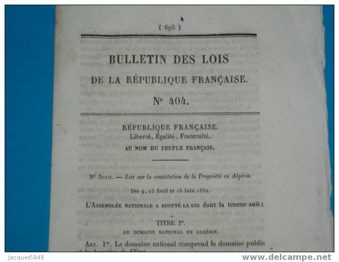 Bultin Des Lois N° 404) Propriété En Algérie - Collége De Marvejols - Tribunal De Limoges - - Décrets & Lois