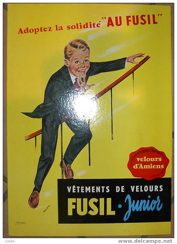 Carton Publicitaire Publicité  Velours D´Amiens Fusil Junior Illustrateur Robert Le Du 1950-60 Gamin & Rampe D´escalier - Reclame