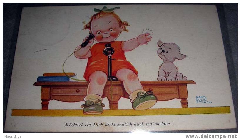 Girl,Child,Telephone,Dog,Signatured,Mabel Lucie Attwell,vintage Postcard - Attwell, M. L.