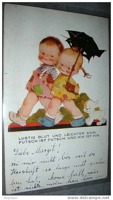 Children,Boy And Girl,Dog,Umbrella,Signatured,Mabel Lucie Attwell,vintage Postcard - Attwell, M. L.