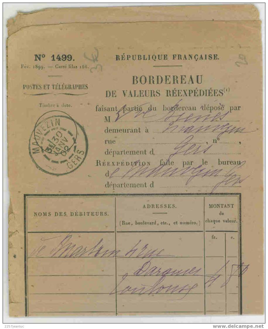 Bordereau De Valeur Réexpédiées Belle Obbli Du 30 01 1902 De Mauvezin Gers - Lettres & Documents