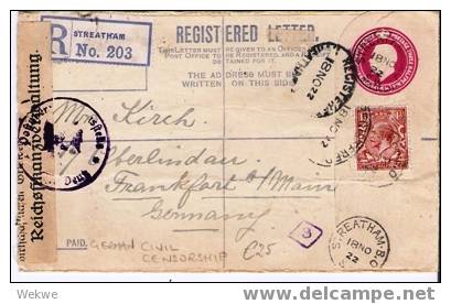 GBG031 / Registered Streatham 1922 – Nach Frankfurt Mit Dt. Devisenkontrolle „Deutz“ - Briefe U. Dokumente