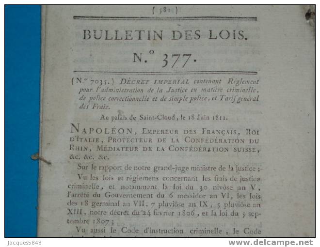 Bulletin Des Lois N° 377 Réglement De La Justice En Matiére Criminelle - Police Correctionnelletarif Générale Des Frais - Décrets & Lois