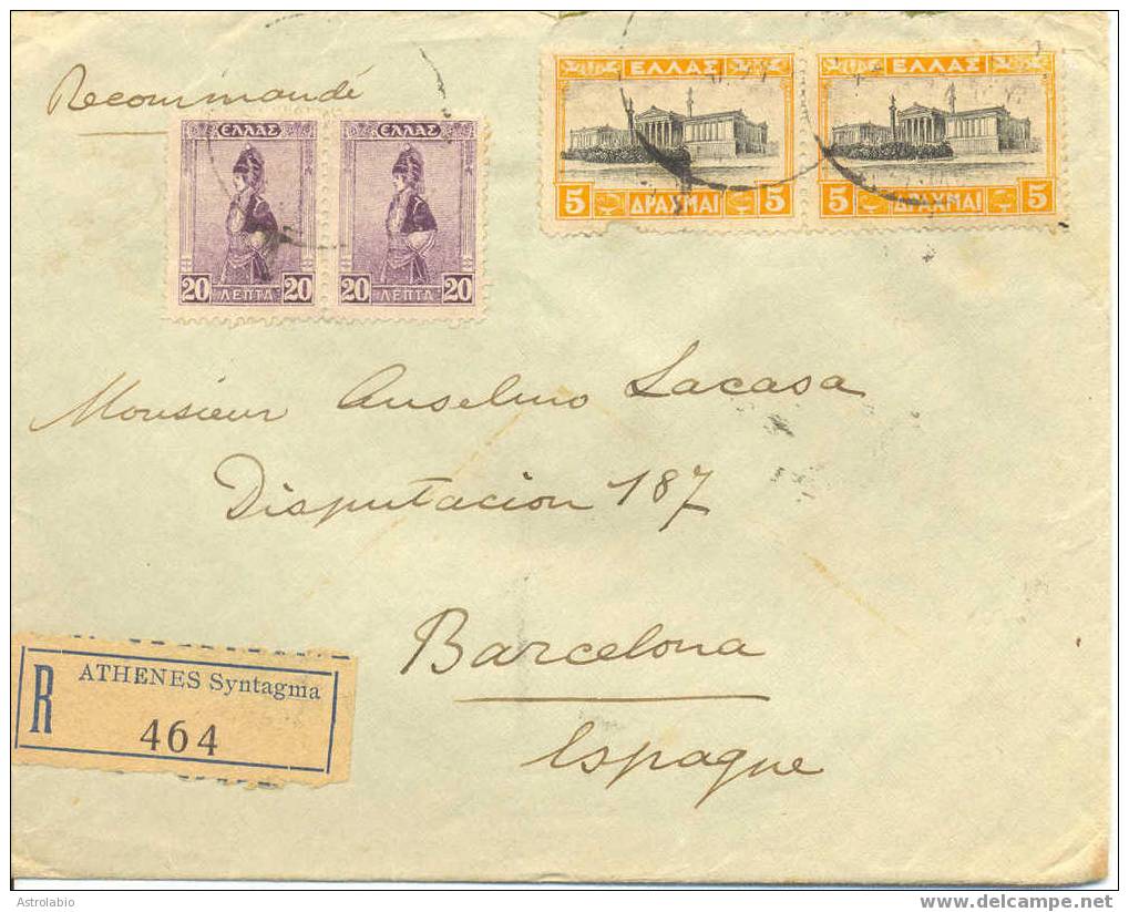 Greece Postal History Cover 1927 To Spain Registered. Lettre Recommande. Voir 2 Scan - Briefe U. Dokumente