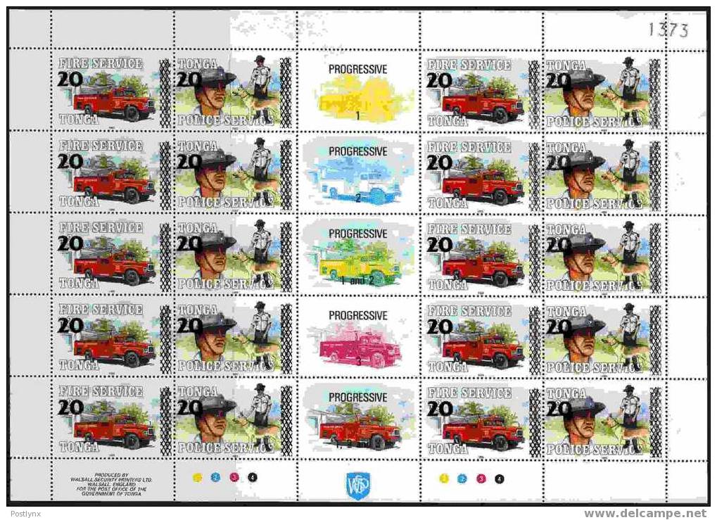 TONGA 1997 Fire Brigade Truck Policemen Dog Ovpt:20s/2p COMPLETE SHEET Progressive Proofs (number May Vary) - Tonga (1970-...)