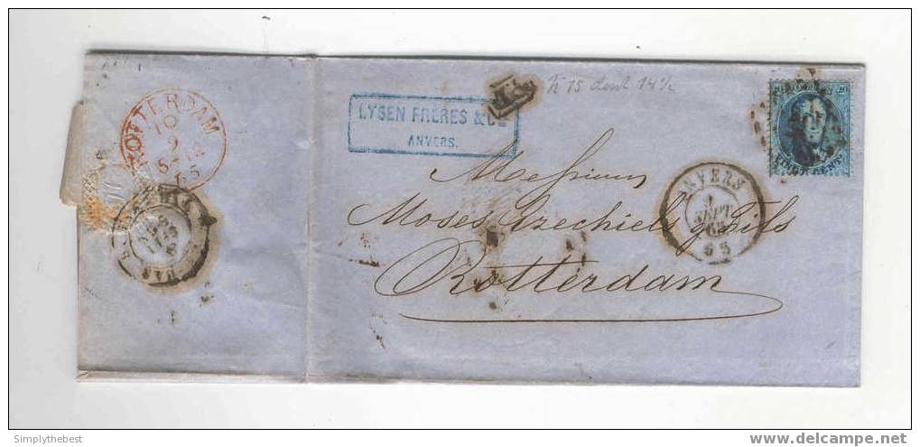 Lettre Médaillon No 15 Points 12 ANVERS 1865 Vers ROTTERDAM - TARIF PREFERENTIEL PAYS-BAS   --  9/305 - 1863-1864 Medaillons (13/16)