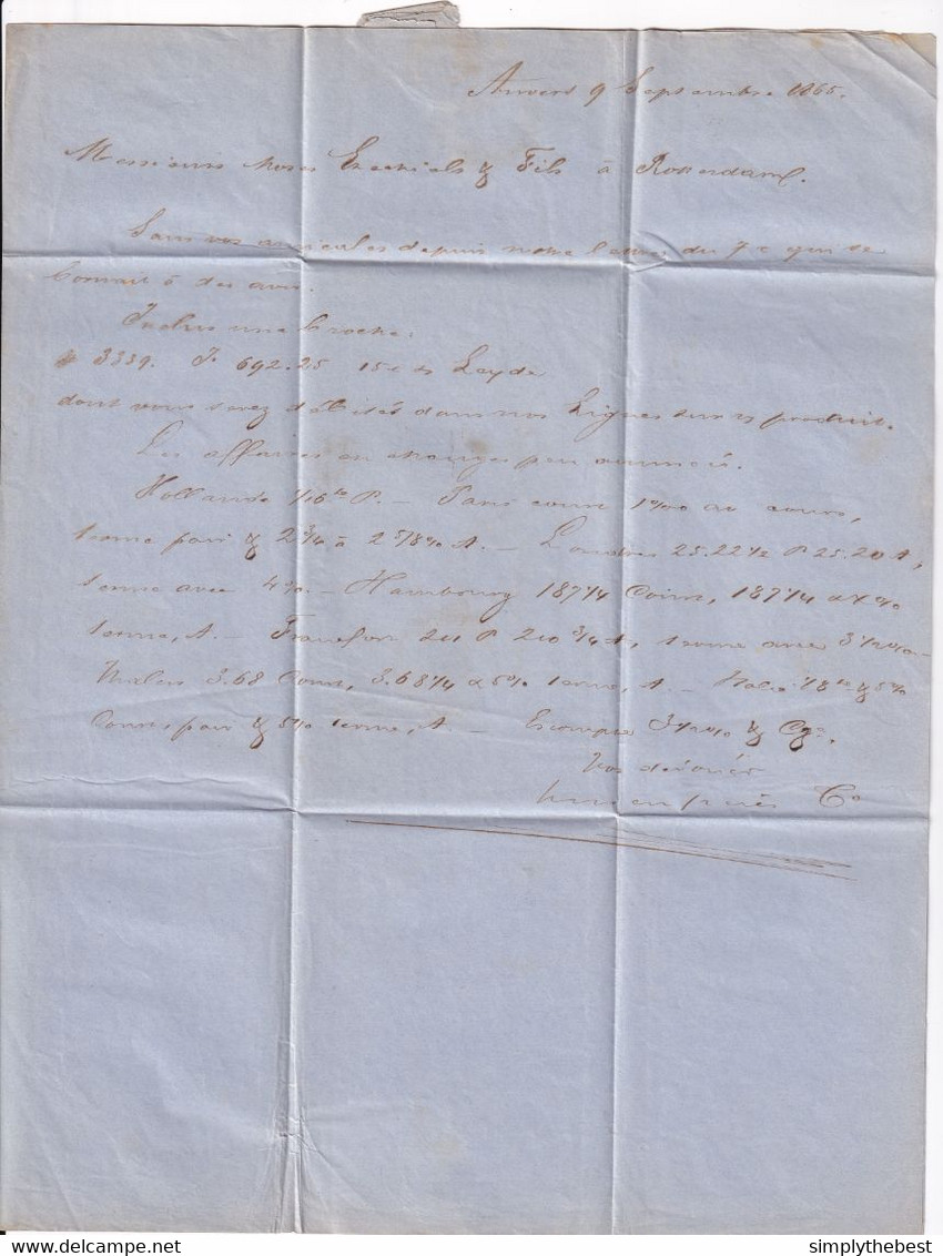 Lettre Médaillon No 15 Points 12 ANVERS 1865 Vers ROTTERDAM - TARIF PREFERENTIEL PAYS-BAS   --  9/305 - 1863-1864 Medaillons (13/16)